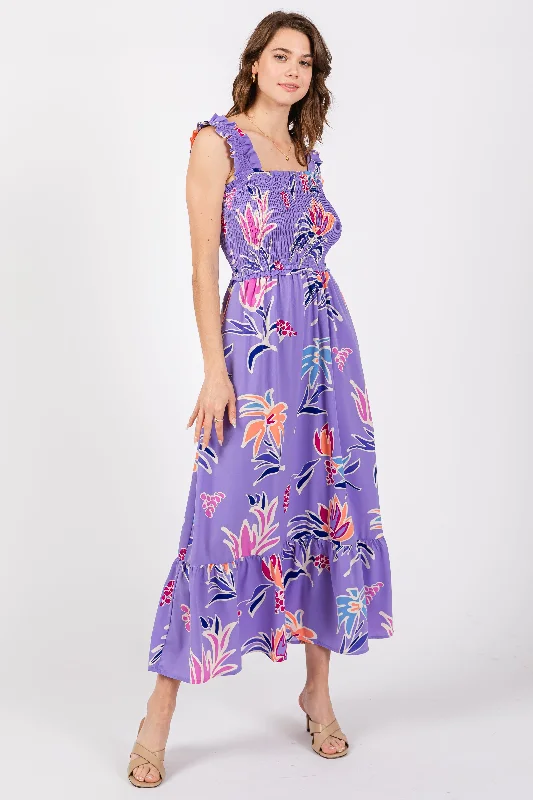 Resort Dresses for Vacation -Lavender Floral Smocked Midi Dress