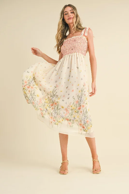 Cocktail Dresses for Party Time -Ivory Multi Floral Contrast Thread Smocked Floral Midi Dress