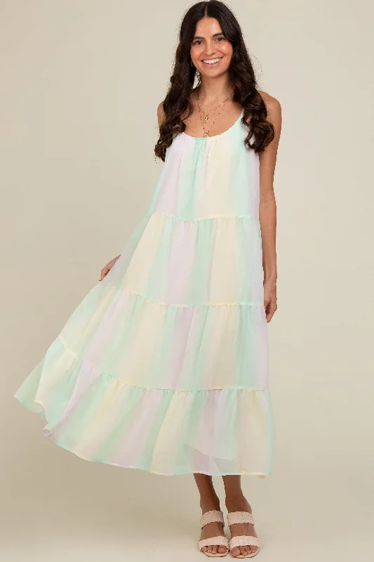 Rhinestone Dresses for Bling -Multicolor Pastel Ombre Tiered Maxi Dress