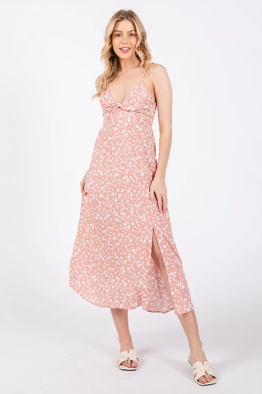 Gray Dresses for Subtle -Pink Floral Side Slit Midi Dress