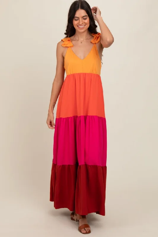 Solid Color Dresses for Simple -Orange Colorblock Tiered Ruffle Strap Maxi Dress