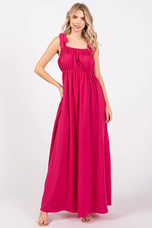 Linen Dresses for Breathable -Fuchsia Square Neck Shoulder Tie Maxi Dress