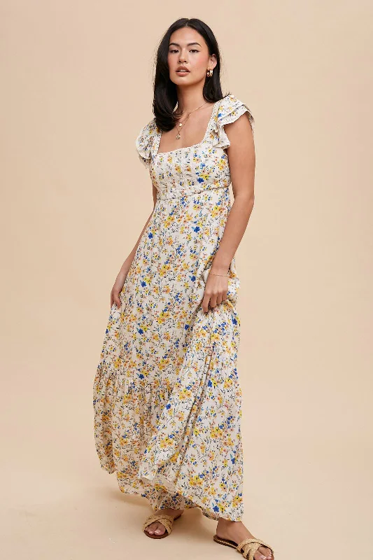 Yellow Dresses for Bright -Multicolor Floral Crochet Accent Maxi Dress