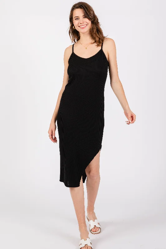 Anniversary Dresses for Special -Black Ribbed Side Slit Sleeveless Midi Dress