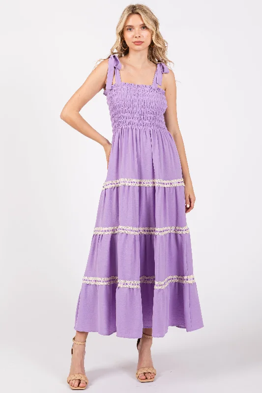 Polyester Dresses for Durable -Lavender Smocked Maxi Dress