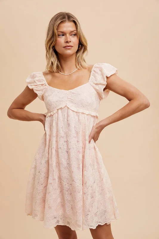 Belted Dresses for Shaping -Light Pink Floral Lace Embroidered Puff Sleeve Dress