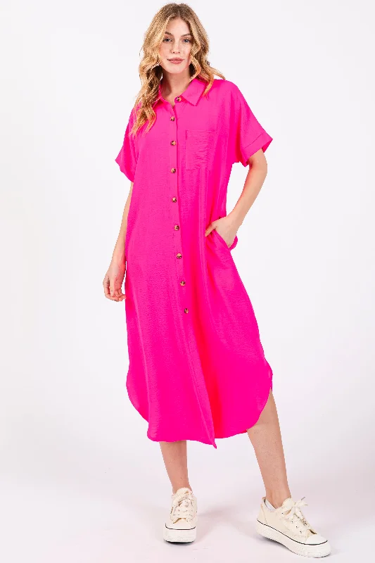 Work Dresses for Professional -Fuchsia Button Down Front Pocket Midi Dress