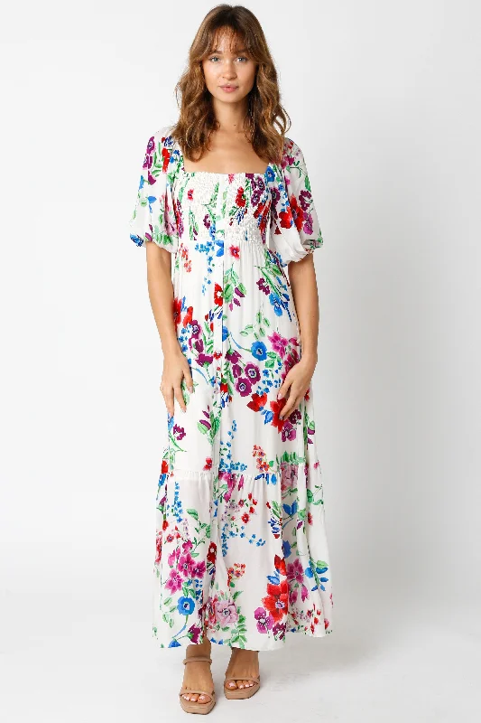 Formal Dresses for Occasions -Ivory Floral Front Button Accent Maxi Dress