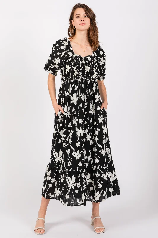 Modern Dresses for Trendy -Black Floral Puff Sleeve Midi Dress