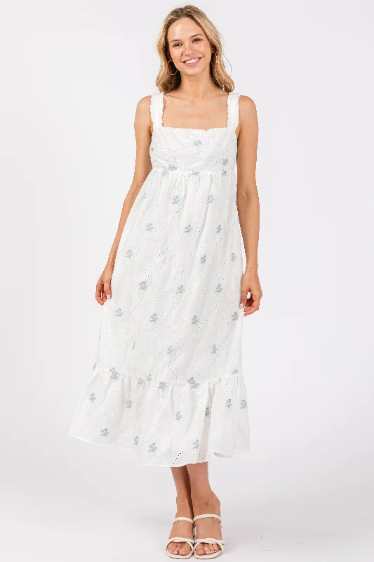 Graduation Dresses for Milestone -White Eyelet Floral Embroidered Back Tie Cutout Midi Dress