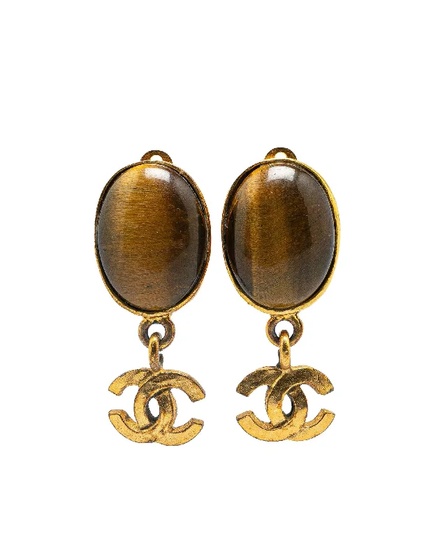 Bohemian Drop Earrings with Tassels -Gold Plated Tigers Eye Swing Clip On Earrings