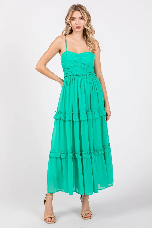 Patchwork Dresses for Bohemian -Green Sleeveless Pleated Ruffle Tiered Midi Dress