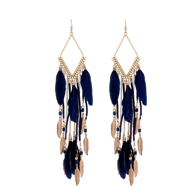 Detachable Drop Earrings with Charms -Antique Gold Blue Tassel Diamante Chain Feather Earrings