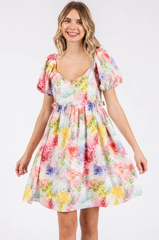 Ball Gown Dresses for Glamour -Multi-Color Floral V-Neck Short Puff Sleeve Ruffle Waist Dress