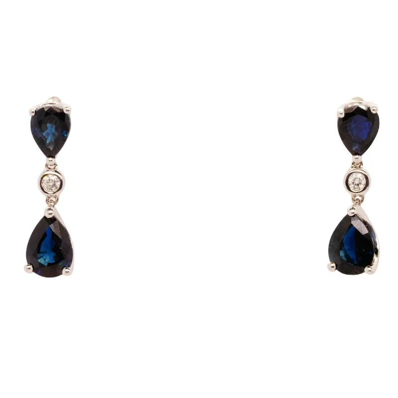 Short Drop Earrings for Subtle -14K White Gold Pear Shaped Blue Sapphire With Diamond Dangle Earrings