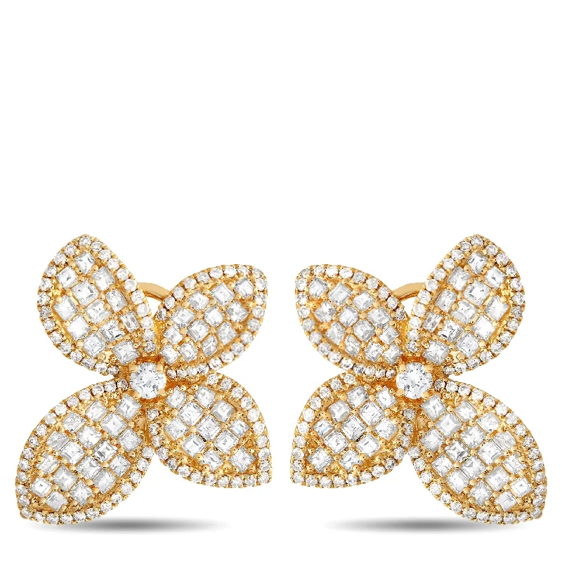 Drop Earrings with Leaf Motifs -Yellow Gold 4.01ct Diamond Flower Earrings AER-18320