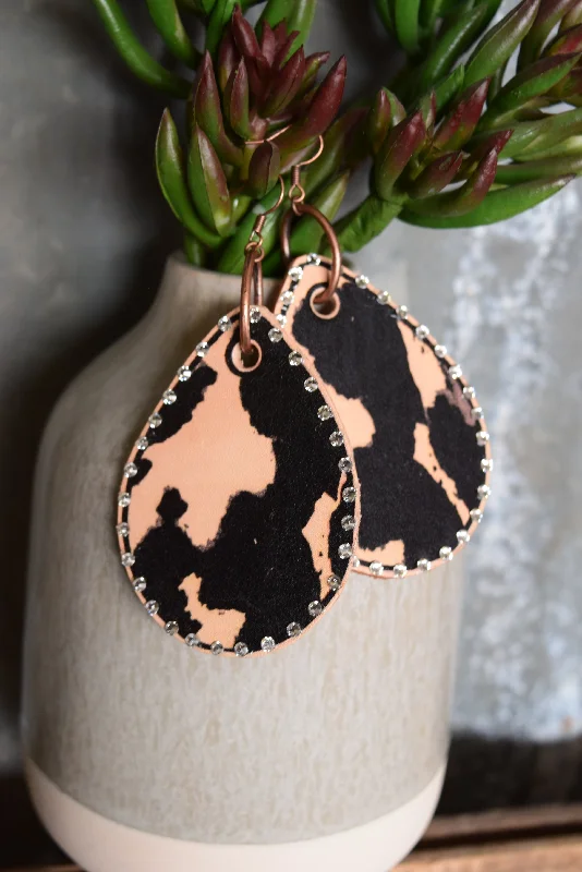 Drop Earrings for Mother's Day -Black Cowprint Teardrop Leather Earrings