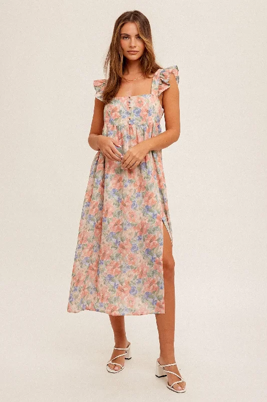 Mini Dresses for Youthful Look -Rose Pink Water Color Floral Print Ruffele Sleeve Midi Dress