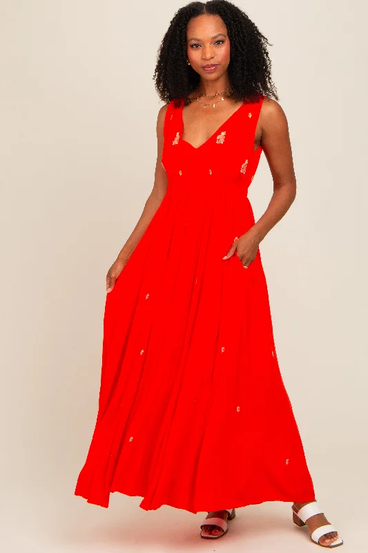 Animal Print Dresses for Fun -Coral Floral Embroidered Sleeveless Maxi Dress