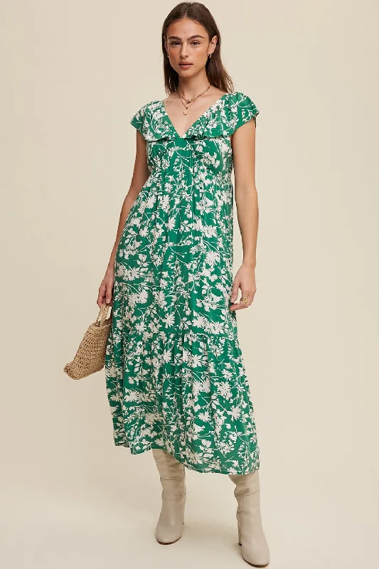 Celtic Dresses with Knotwork -Green Floral Ruffle Midi Dress