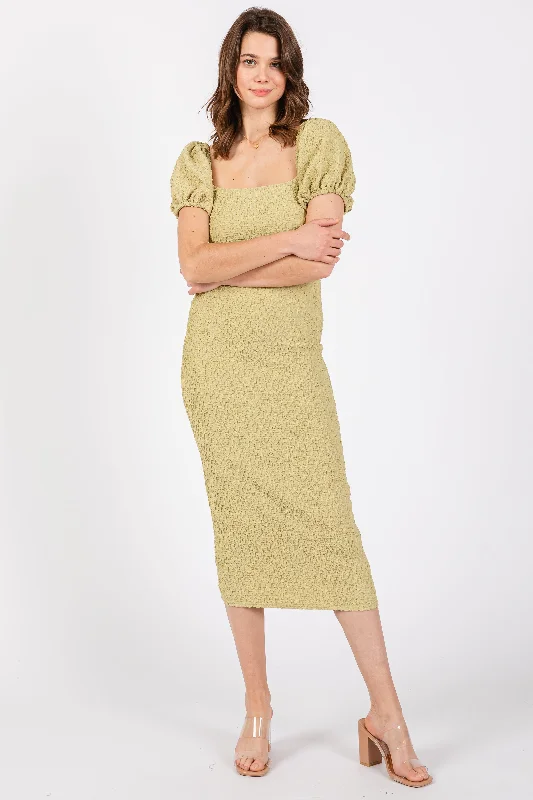 Faux Leather Dresses for Affordable -Lime Popcorn Textured Short Puff Sleeve Midi Dress