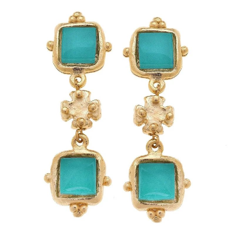 Punk Drop Earrings with Spikes -Susan Shaw Charlotte Deux Tier Earrings in Riviera Teal