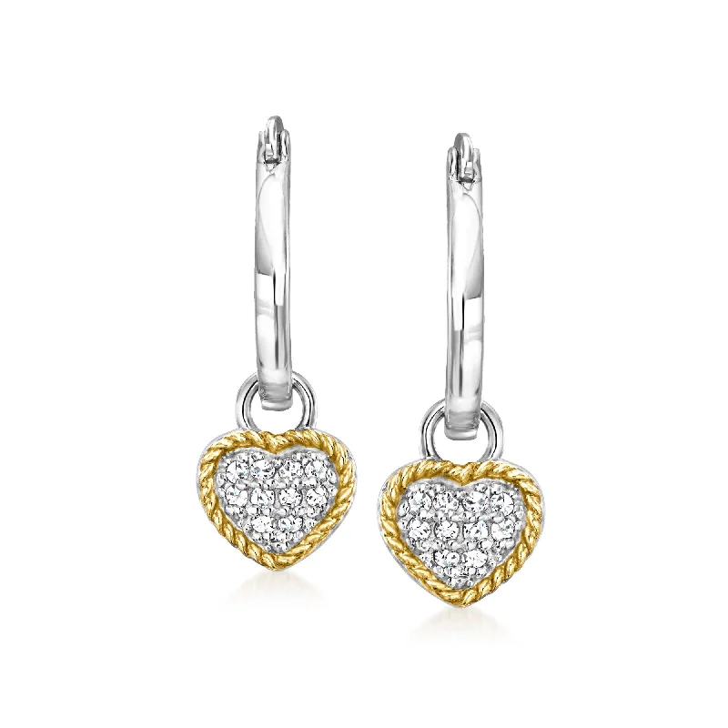 Push Back Drop Earrings for Convenience -Ross-Simons Diamond Removable Heart Charm Hoop Drop Earrings in Sterling Silver and 14kt Yellow Gold