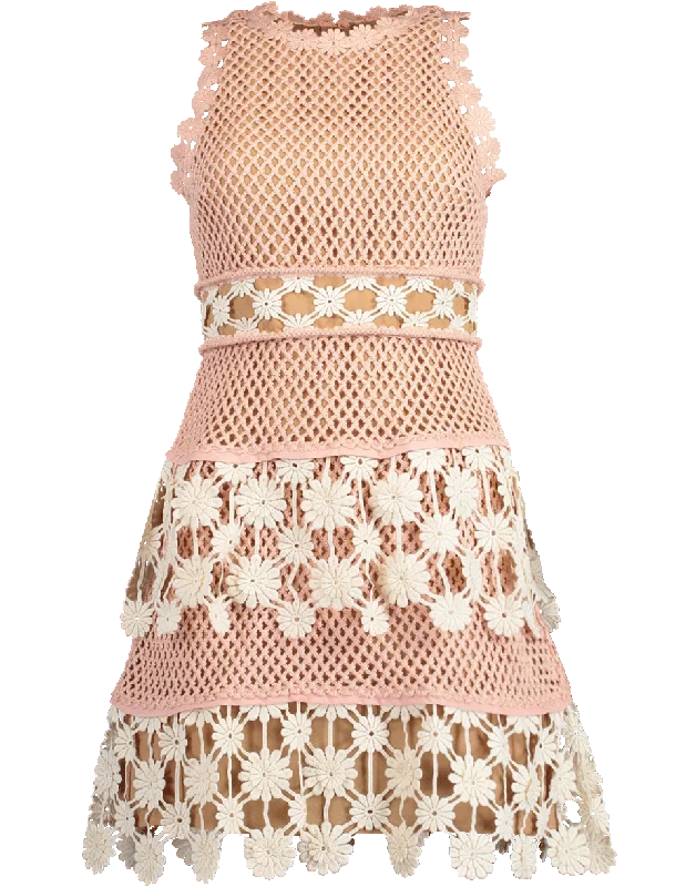 Beige Dresses for Neutral -Floral Crochet Mini Dress