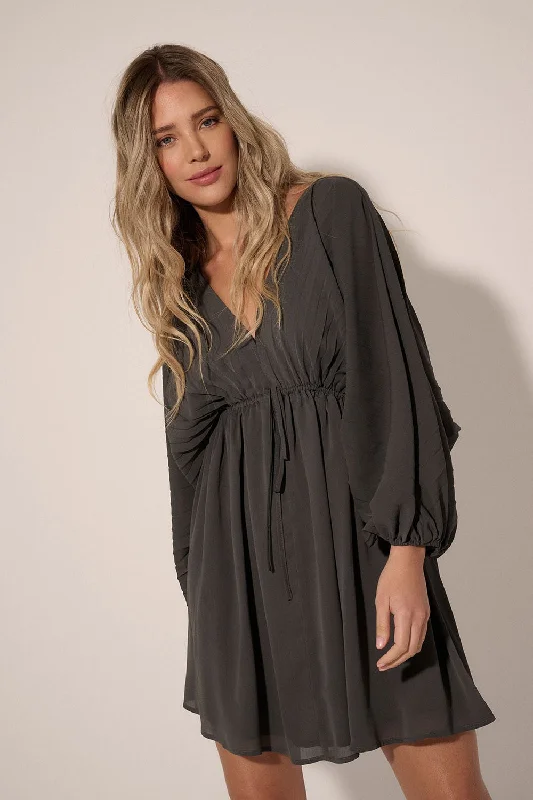 White Dresses for Pure Look -Charcoal Solid Deep V Neck Chiffon Bishop Sleeve Mini Dress