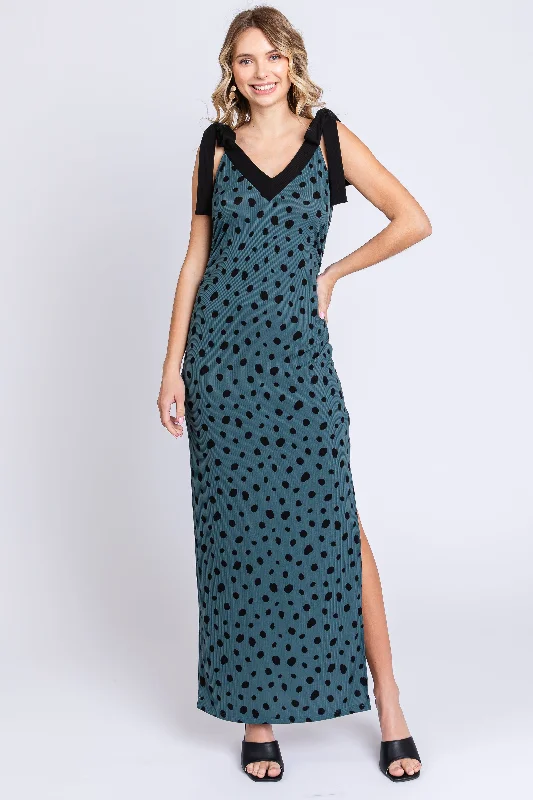 Yellow Dresses for Bright -Teal Ribbed Polka Dot Shoulder Tie Maxi Dress