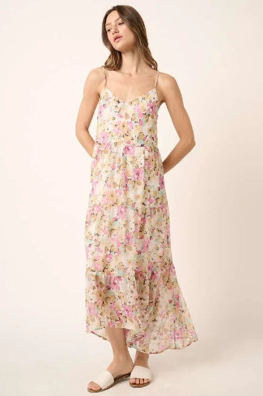 Birthday Dresses for Celebration -Ivory Flower Print V Neck Ruffle Tier Detail Maxi Dress