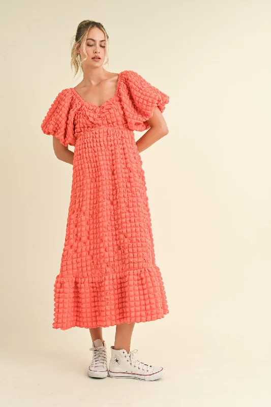 Beach Dresses for Coastal -Coral Orange Textured Bubble Sleeve Midi Dress