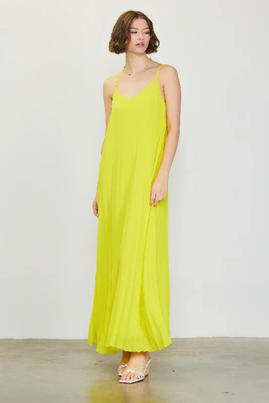 Bridesmaid Dresses for Ceremony -Lime Pleated Sleeveless Maxi Dress