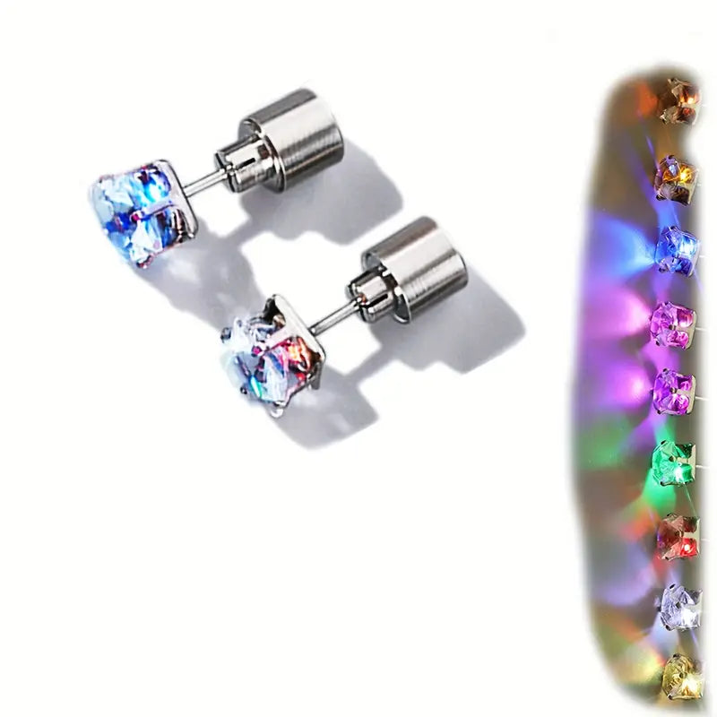 Drop Earrings with Crown Designs -Glowing Rainbow LED Earrings: Color-Changing Ear Drop Pendants with Light-Up Crown Studs