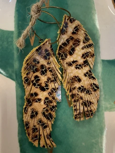 Drop Earrings with Star Motifs -Genuine Leather Feather Earrings-Mustard Leopard