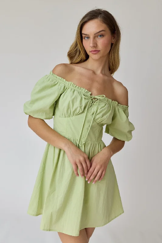 Yellow Dresses for Bright -Green Puff Sleeve Mini Dress