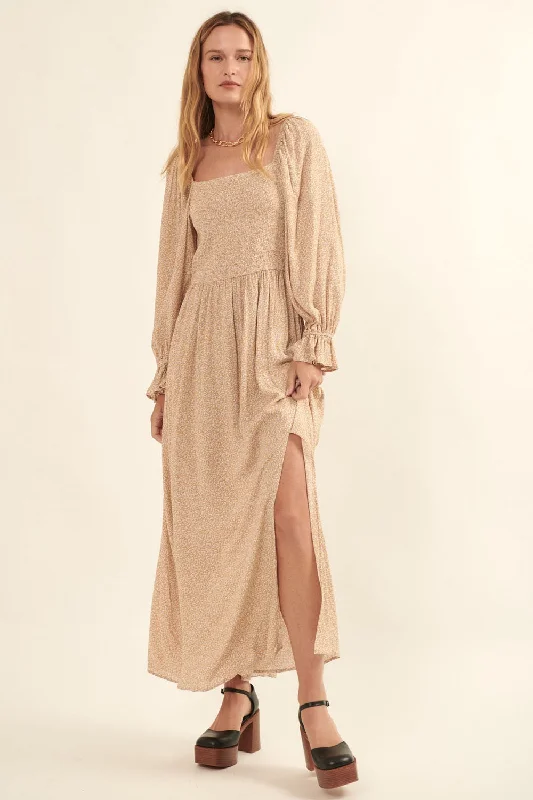 Linen Dresses for Breathable -Sand Floral Square Neck Smocked Long Sleeve Maxi Dress