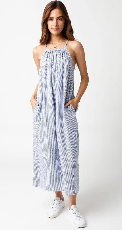 Cotton Dresses for Comfort -Blue Striped Linen Midi Dress