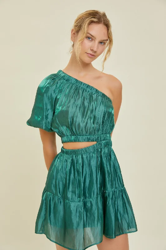 Beaded Dresses for Glamour -Hunter Green Puff Sleeve Mini Dress