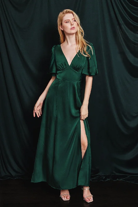 Satin Dresses for Shiny Look -Hunter Green Satin Flutter Sleeve Plunging Maxi Dress