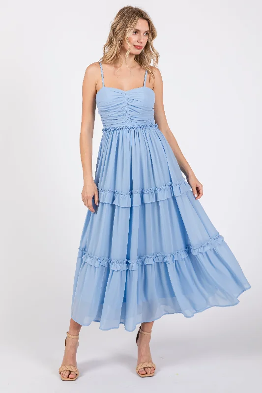 Bohemian Dresses with Tassels -Light Blue Sleeveless Pleated Ruffle Tiered Midi Dress