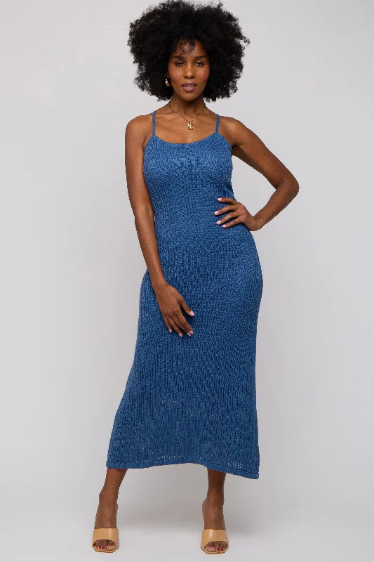 Pencil Dresses for Slimming -Navy Open Knit Crochet Midi Dress