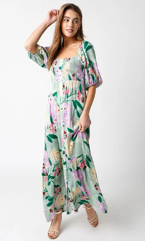 Christmas Dresses for Holiday -Light Green Floral Front Button Maxi Dress