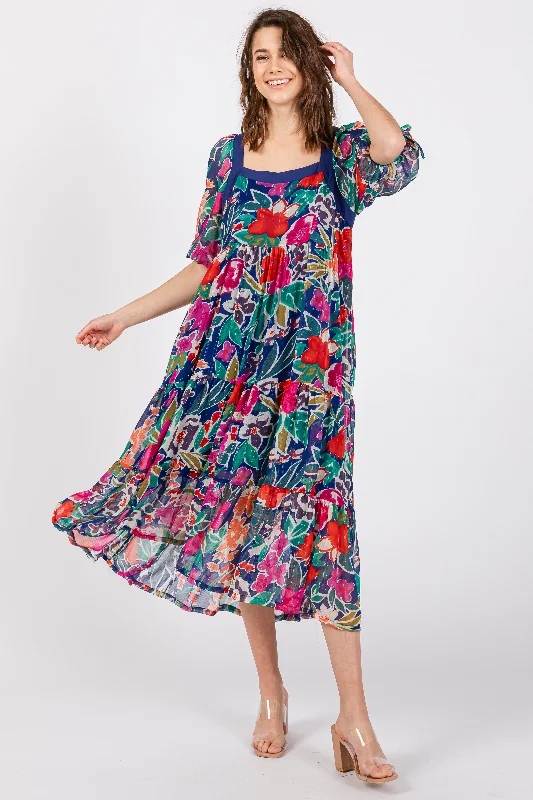 Retro Dresses for Throwback -Navy Floral Half-Length Sleeve Tie Midi Dress