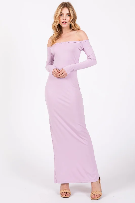 Sequined Dresses for Sparkle -Lavender Off Shoulder Long Sleeve Maxi Dress