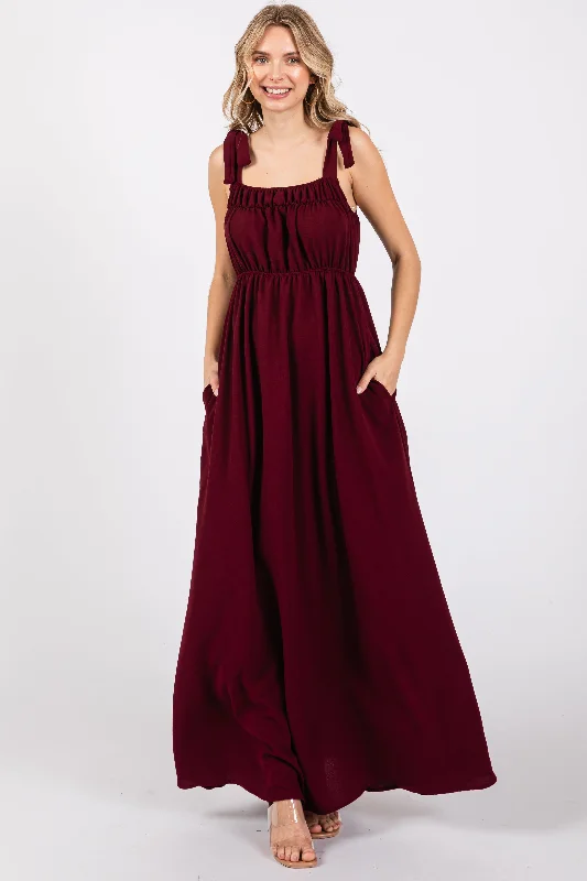 Green Dresses for Nature -Plum Square Neck Shoulder Tie Maxi Dress