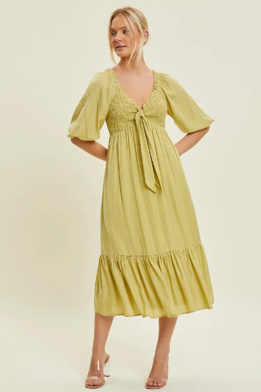 Formal Dresses for Occasions -Light Olive Smocked Front Tie Midi Dress