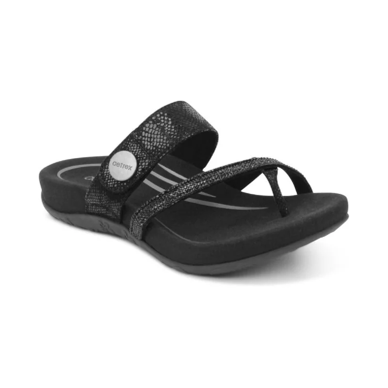 Casual sandals for women with cork footbed and crisscross strap design for style-Aetrex Izzy Sparkle Women's Sandals - Black