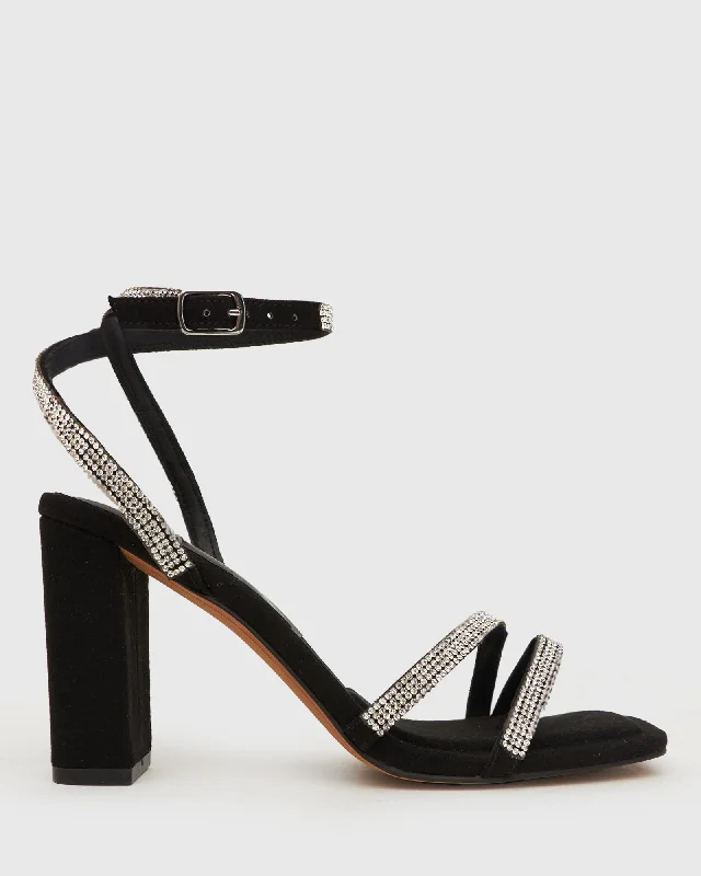 Elegant sandals for evening wear with crystal embellishments and high heels-SHY Square Toe Diamante Dress Sandals