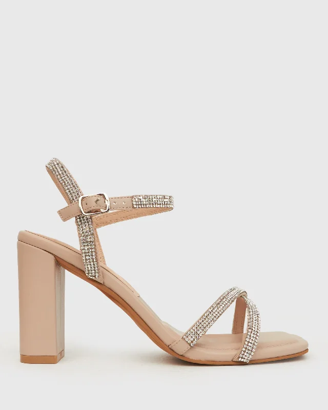 Stylish sandals for women with metallic leather straps and cushioned footbed-SWEET Square Toe Diamante Sandals